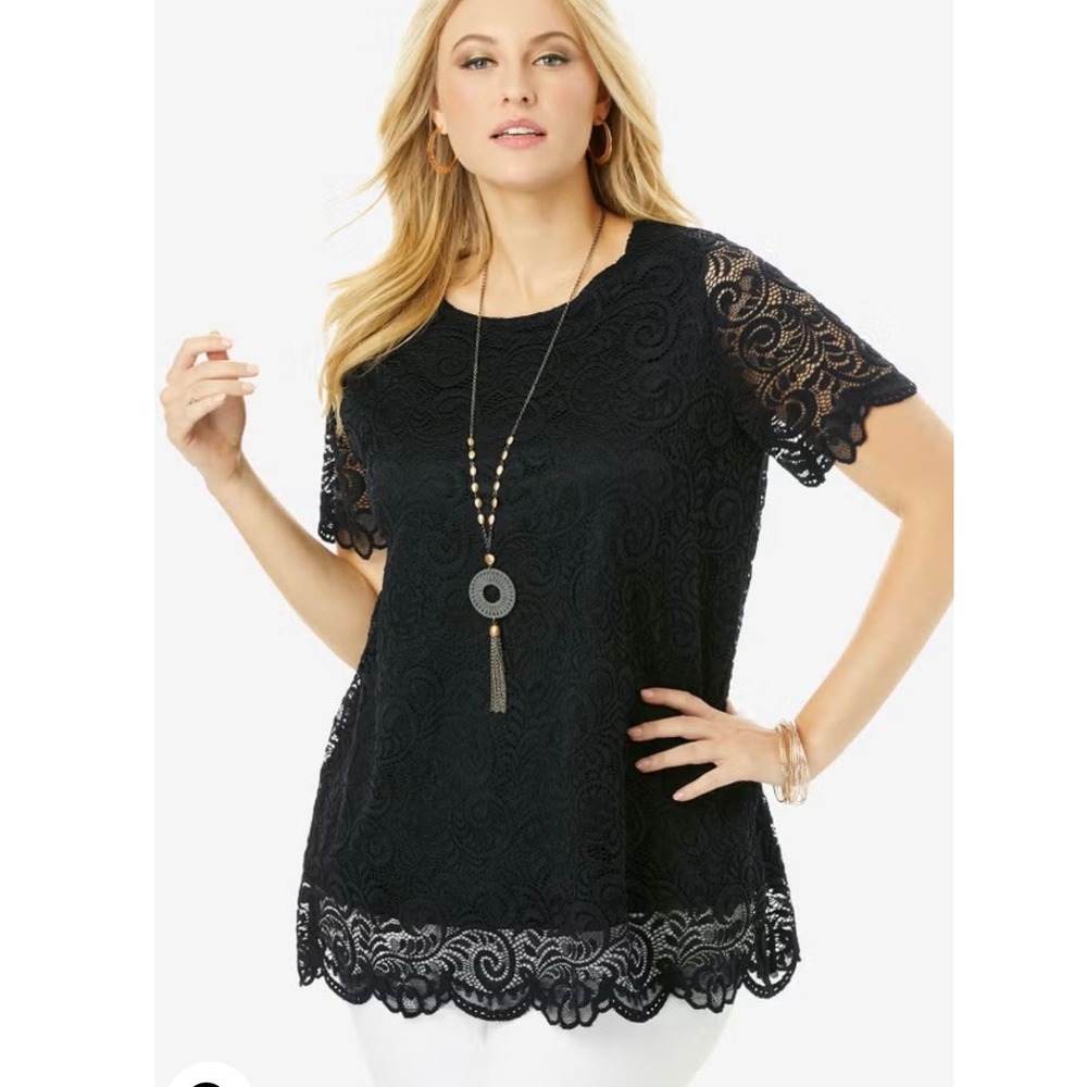 Women's Plus Size Black Lace Tunic Top Size 26/28 Scalloped Romantic Feminine